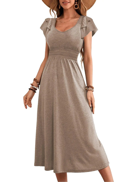 Dokotoo Spring Dresses for Women Casual 2024 Summer Fashion Wedding Guest Boho Dress Cocktail Flowy Midi Maxi Dresses Ruffle Sleeve Womens Cruise Outfits Resort Wear Womens Dresses