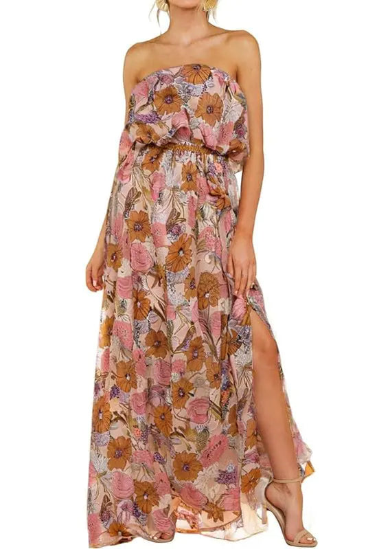 Dokotoo Women Strapless Dress High Waist Side Split Flowy Sexy Dresses Summer Boho Floral Print Maxi Dress Off The Shoulder Wedding Guest Dresses for Women