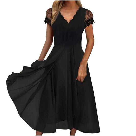 Generic Prom Dresses 2024 Womens Elegant Trendy Chiffon Lace Patchwork Short Sleeve Waist Irregular Hem Midi Dresses Cute Wedding Guest Dresses for Women Summer Vestidos para Mujer(C-BlackM) Medium