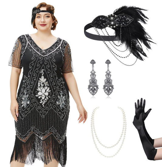BABEYOND Great Dresses Set for Women Plus Size Cocktail Dress 1920s Flapper Costume for Women with Accessories Set