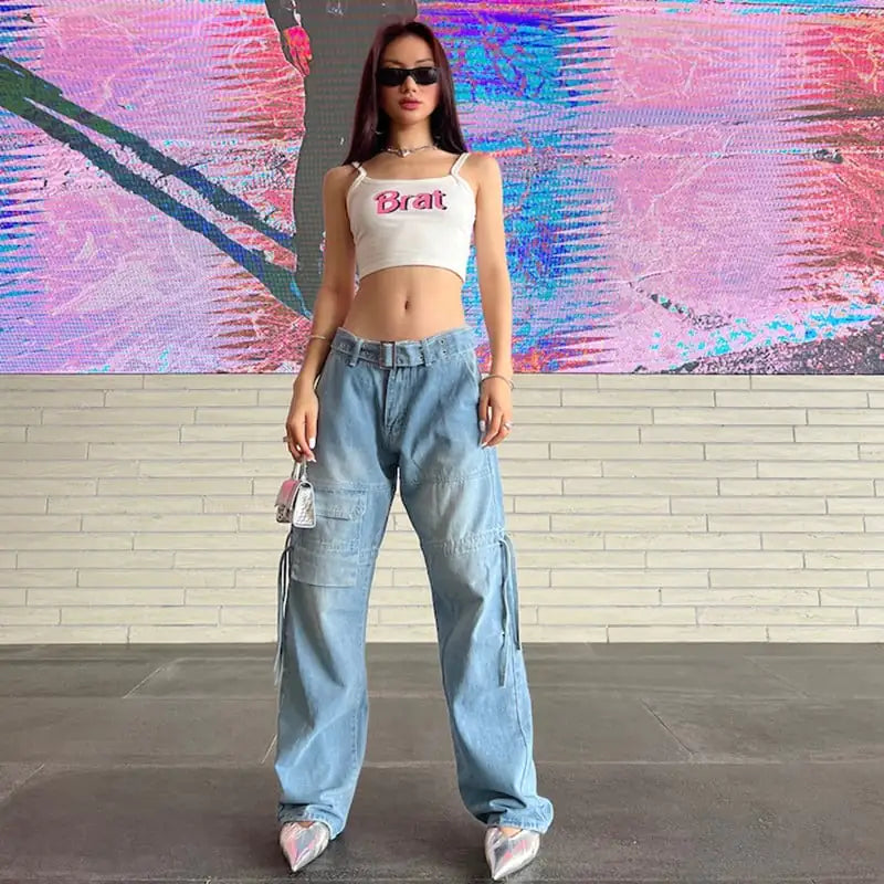 Light Blue Wide-leg Tooling Jeans for Women