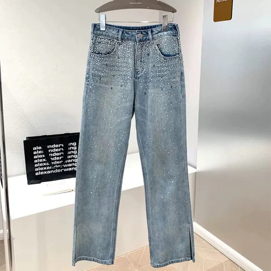 High Waist Rhinestone Split Flared Jeans for Women