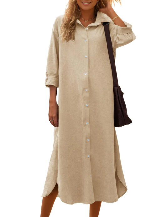 Sopliagon Women Cotton and Linen Shirt Dress Casual Loose Maxi Dresses White S