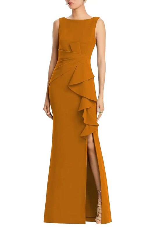XIUMAO Ruched Satin Formal Dresses 2024 Gold Wedding Guest Dresses for Women Mermaid Maxi Long Slit Maternity Evening Party Gowns 2 Gold