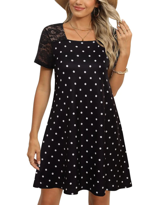 Duppoly Lace Tshirt Dress Women Summer Dresses for Women 2024 Casual Square Neck Short Sleeve Mini Floral Loose T Shirt Dresses Patchwork Tunic Swing Cute Sundress Sun Dress Black F67 S