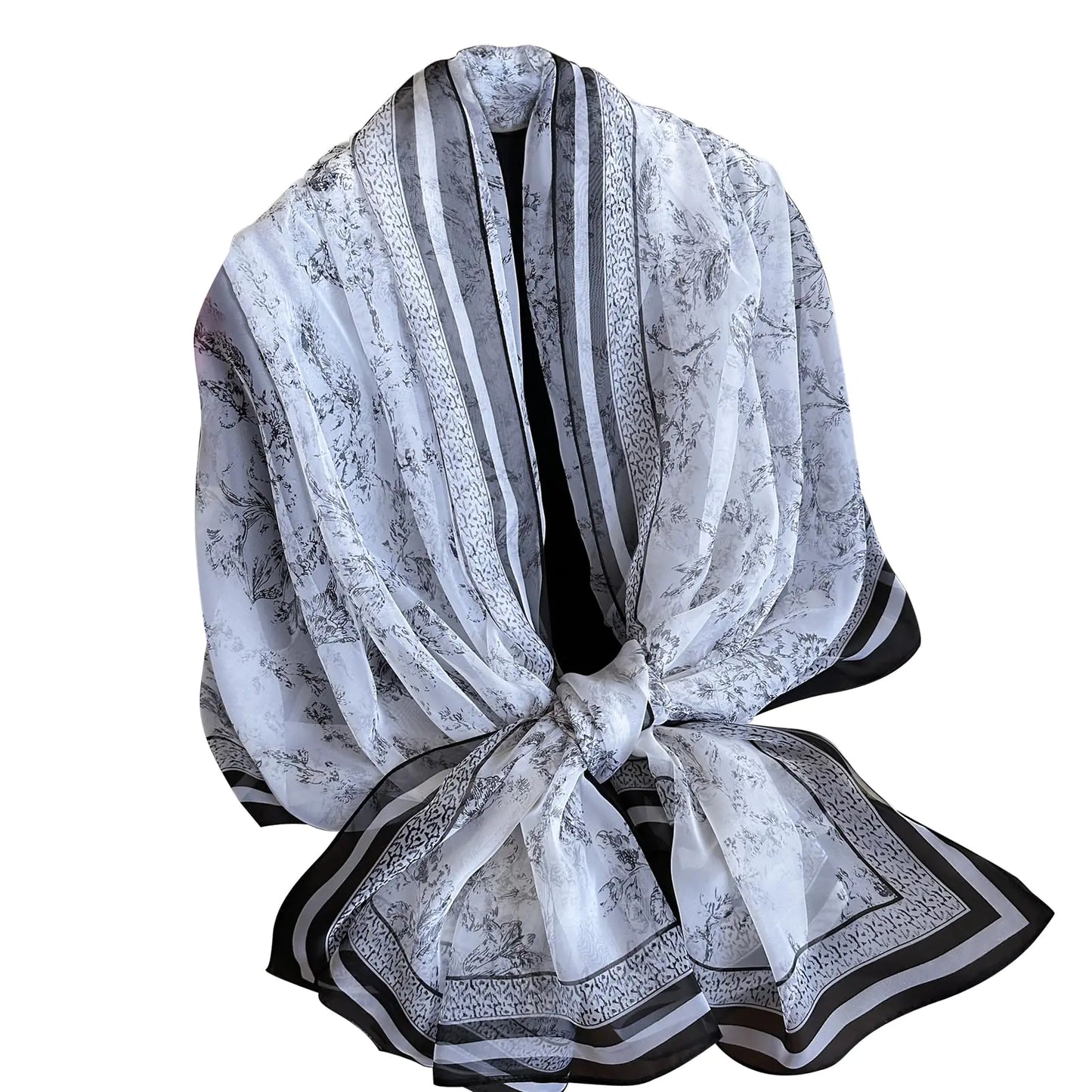 WaJuemy Floral Chiffon Scarf for Women Dresses Lightweight Large Fashion Scarves Shawls Elegant Cashmere Silky Evening Dressy Shawl Wraps(23 Black Stripe Floral)