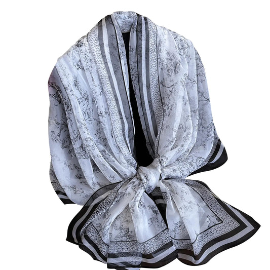 WaJuemy Floral Chiffon Scarf for Women Dresses Lightweight Large Fashion Scarves Shawls Elegant Cashmere Silky Evening Dressy Shawl Wraps(23 Black Stripe Floral)