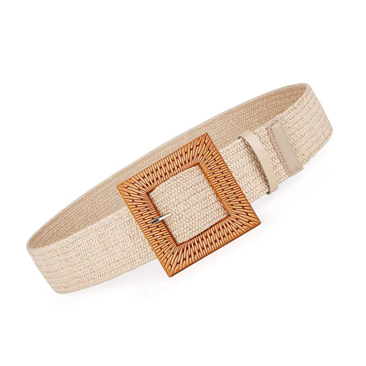 Women Belts For Dresses Elastic Straw Rattan Waist Band With Large Buckle