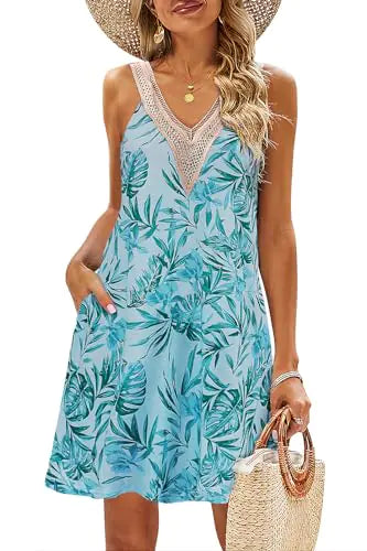 SimpleFun Beach Dresses for Women Casual Summer Lace V-Neckline Bright Colourful Print Traveling Sun Dresses Trapical GreenL